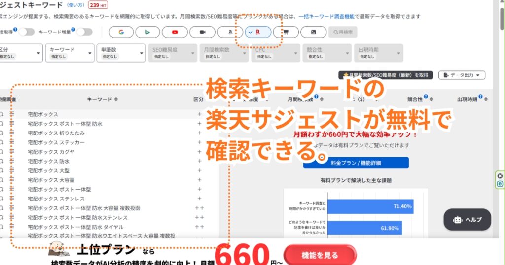 検索キーワードの楽天サジェストが無料で確認できる。