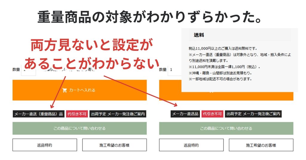 メーカー直送品とメーカー直送重量商品の違いが設定されているかわかりにくい